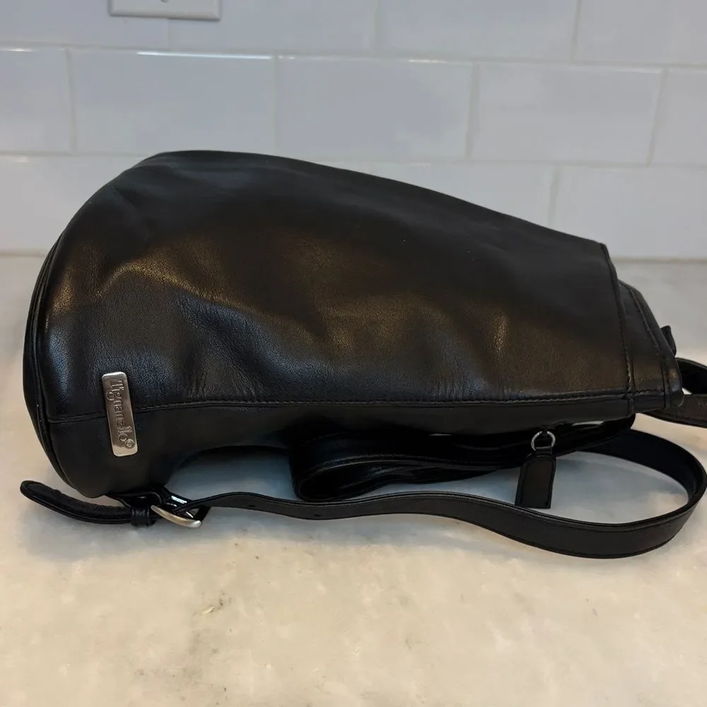 Tignanello Black Leather Sling Backpack Convertible Travel Bag